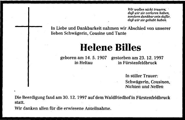 Billes Helene 1907-1997 Todesanzeige